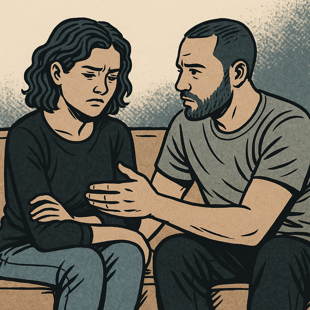 A man trying to rebuild trust with a woman after betrayal image