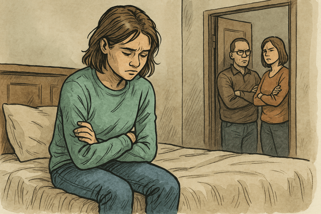 Teen or adolescent with parents in background pic